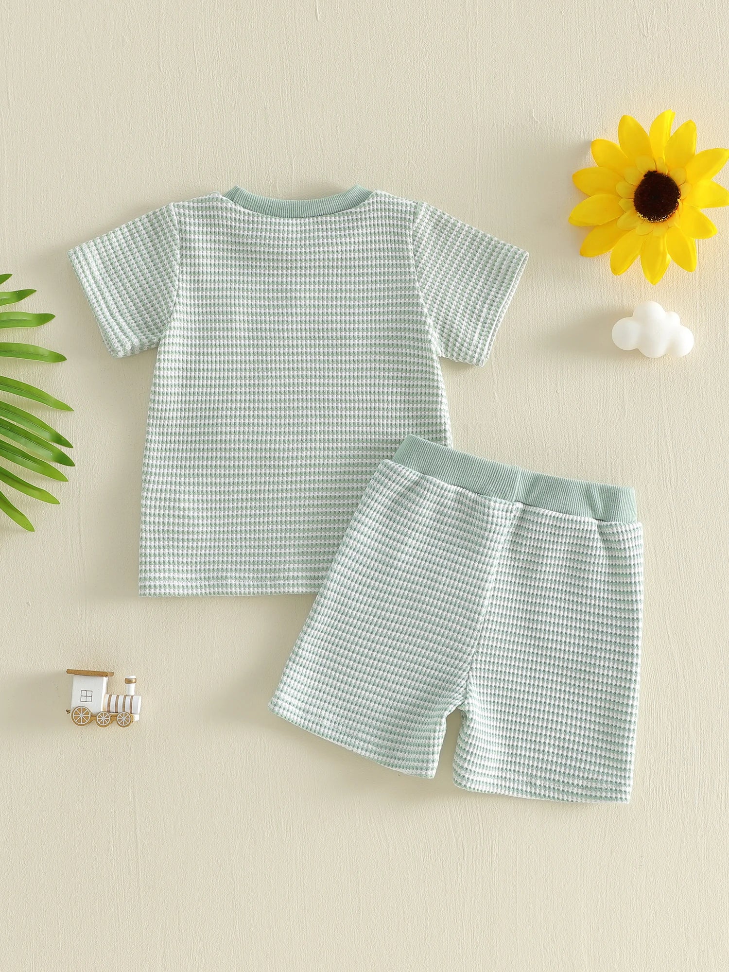 2Pcs Toddler Girl Summer Outfits Short Sleeve Round Neck Floral Embroidery Ribbed Knit Tops and Elastic Waist Shorts Set