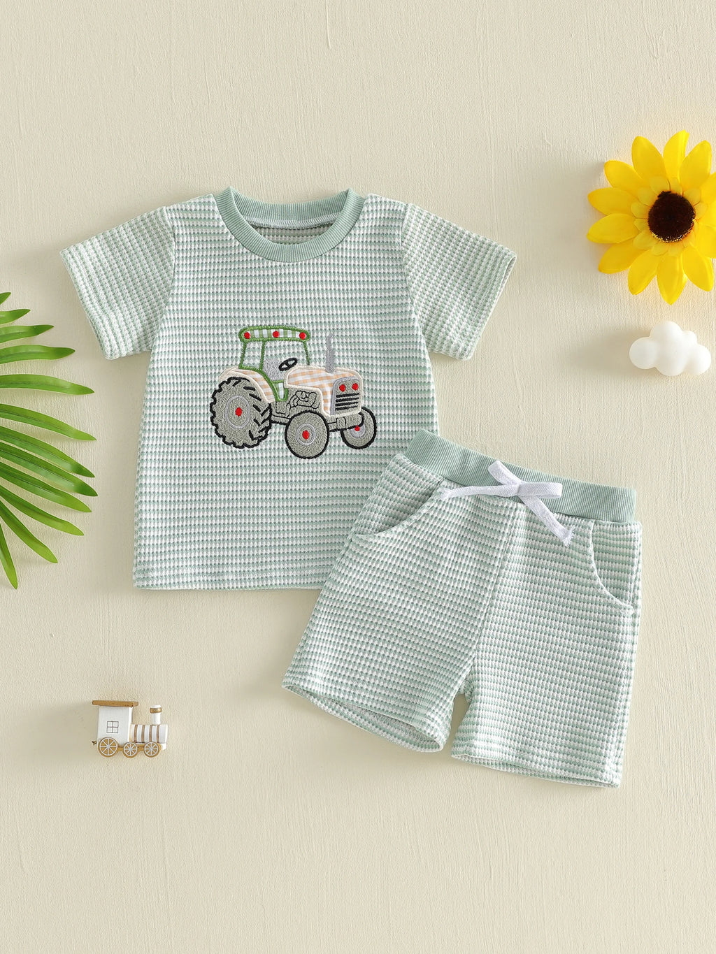 2Pcs Toddler Girl Summer Outfits Short Sleeve Round Neck Floral Embroidery Ribbed Knit Tops and Elastic Waist Shorts Set