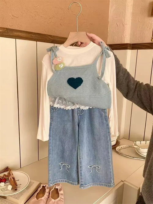 Girls Stitching Lace Denim Pants 2025New Spring Embroidered Bow Jeans Children Clothes Kids Straight Legged Pants Loose Trousers