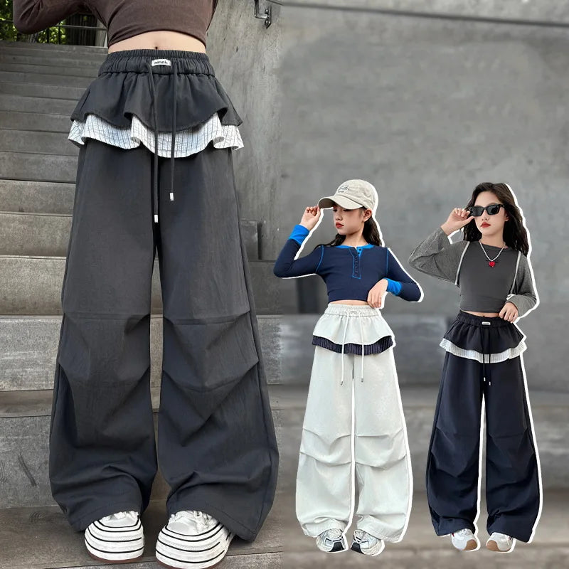 Kids Autumn Cargo Pants Tween Girls Streetwear Long Trousers Teenage Sweatpants With Fake Skirt Decoration Children's Trackpants