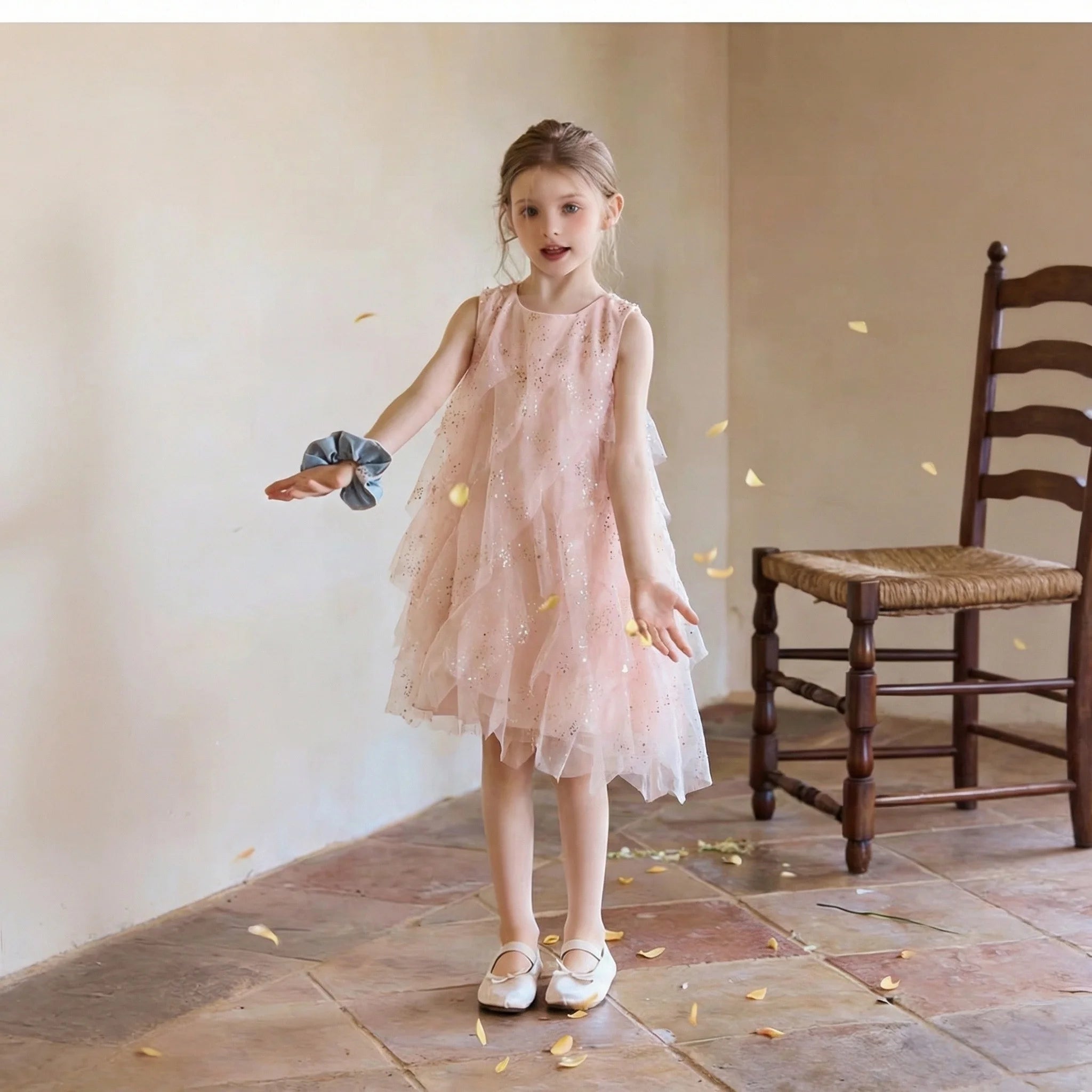 2026 Girls Pink Ruffle Tulle Dress Princess Sequin Layered Party Dress Kids Sleeveless Mesh Summer Vestidos Children Casual Gown